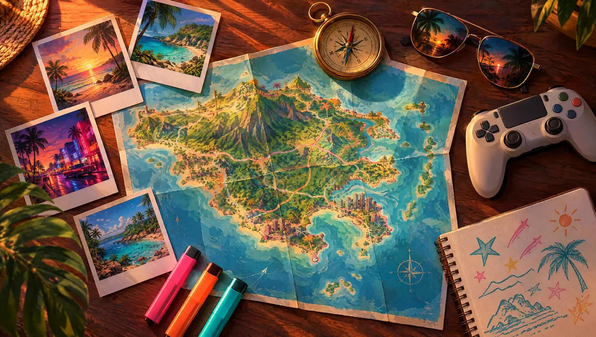 A desk with a folded road map, compass, polaroids and a game controller in sunset light
