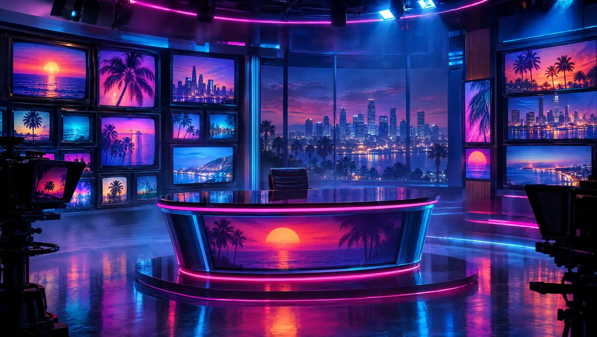 A neon-lit retro newsroom with walls of glowing monitors